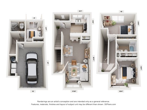 Three images of apartment layouts with a car parked in the first one.